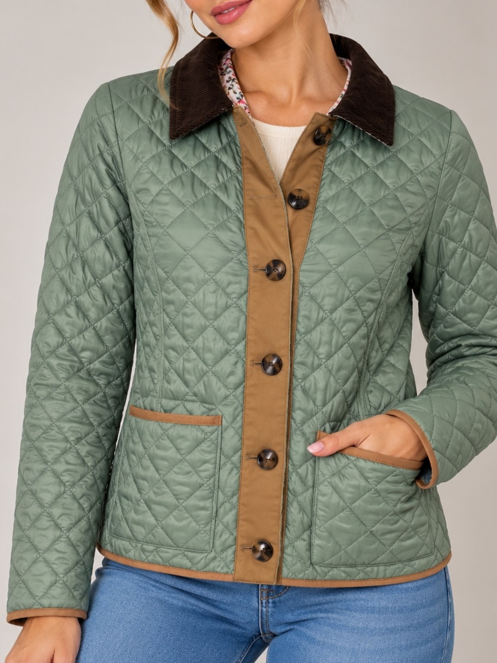 Lands' End Reversible Sage Green & Floral Quilted Barn Jacket (XS / 2-4)